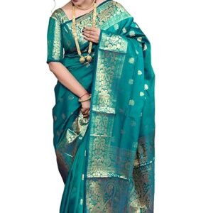 Women's Banarasi Silk Saree with Intricate Gold Zari Weaving & Unstitched Blouse Piece – Traditional Indian Wedding Attire（ Mahi Rama）