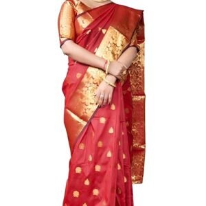 Women's Banarasi Silk Saree with Intricate Gold Zari Weaving & Unstitched Blouse Piece – Traditional Indian Wedding Attire（ Mahi Red）