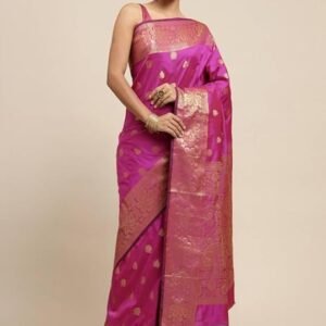 Women's Banarasi Silk Saree with Intricate Gold Zari Weaving & Unstitched Blouse Piece – Traditional Indian Wedding Attire（ Mahi pink）