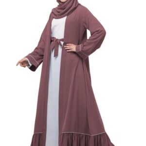 Dual Layer Abaya Dress Of Inner Abaya And Detachable Shrug With Piping And Frill Work(Puce Pink )