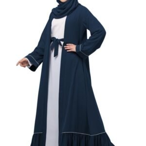 Dual Layer Abaya Dress Of Inner Abaya And Detachable Shrug With Piping And Frill Work(Teal Green)
