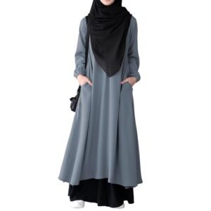 Two Pieces Abaya Dress with Elasticated Sleeves made with Nida Matte Fabric - Knee length Burqa for Women and Girls(Grey)
