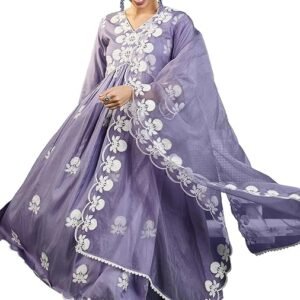 Women's Silk Blend Chain Work Embroidered A Line Kurta with Pant Set For Wedding, Ethnic Wear (Lavender)