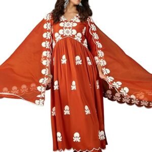 Women's Silk Blend Chain Work Embroidered A Line Kurta with Pant Set For Wedding, Ethnic Wear (Orange)