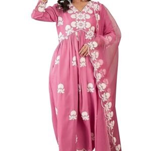 Women's Silk Blend Chain Work Embroidered A Line Kurta with Pant Set For Wedding, Ethnic Wear (Pink)