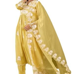 Women's Silk Blend Chain Work Embroidered A Line Kurta with Pant Set For Wedding, Ethnic Wear (Yellow)