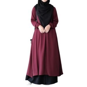 Two Pieces Abaya Dress with Elasticated Sleeves made with Nida Matte Fabric - Knee length Burqa for Women and Girls(Maroon)