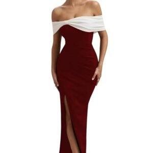 Off Shoulder Aline Black and Wine Dress(Wine)