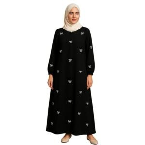 Long Black Abaya Burkha Burqa Dress for Muslims with Bow Pattern, Full Length Maxi, Long Sleeves