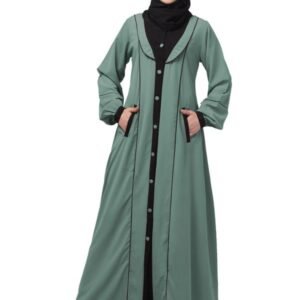 Front Open Abaya With Beautiful Piping Work And Front Pockets- Made with Nida Matte Fabric for Women and Girls(Aqua Black)