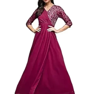 Women's V-Neck Three-Quarter Sleeve Self-Designed Wrap Maxi Georgette Dress( Dark Pink)