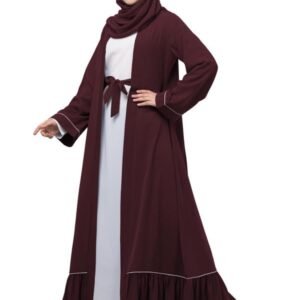Dual Layer Abaya Dress Of Inner Abaya And Detachable Shrug With Piping And Frill Work(Burgundy)