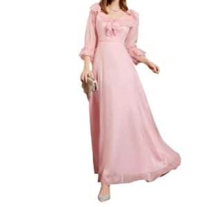 Elegant Pink Ruffle Long Side Slit Formal Prom Midi Office Party Dress for Women