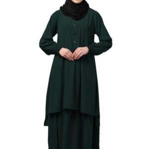 Two Pieces Abaya Dress with Elasticated Sleeves made with Nida Matte Fabric - Knee length Burqa (Bottle Green)