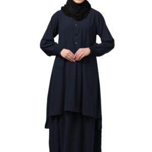 Two Pieces Abaya Dress with Elasticated Sleeves made with Nida Matte Fabric - Knee length Burqa (Navy Blue)
