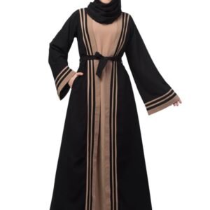 Dual Layer Abaya Dress With Attached Shrug And Striped Design - Made With Nida Matte Fabric