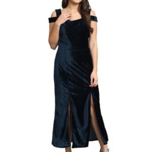 Bodycon Party Dress for Women with Double Slit Cut | Shiny Velvet Fabric Cold Shoulder Stylish Outfit(Peacock Blue)