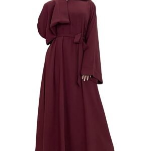 Plain Dubai Long Sleeves Muslim Women Islamic Dress Plain Umbrella Abaya With Belt Style(Maroon)