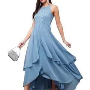 Women's Off White Round Neck Sleeveless Solid Embellished Maxi Dress(Powder Blue)