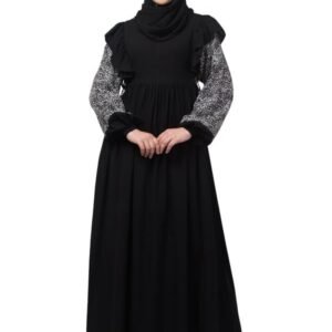 Women's Dual Fabric Maxi Dress With Frill On Shoulders and Elastic Sleeves - Made with Printed Crepe And Nida Matte Fabric