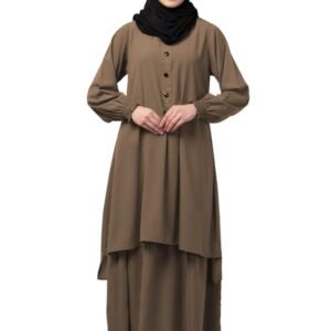 Two Pieces Abaya Dress with Elasticated Sleeves made with Nida Matte Fabric - Knee length Burqa (Beige)