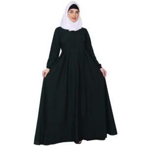 Women’s Full Flared Umbrella Abaya Dress with Frock-Style Appearance, Front Zipper & Full Sleeves(Bottle Green)