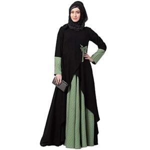 Polka Dotted Asymmetrical Long Maxi Abaya Dress for Women Made in Nida & Crepe Fabric with Long Sleeves(Green and Black)