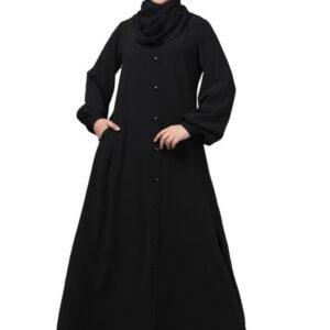Front Open Abaya With Fashionable Buttons And Cuff Sleeves - Made with Nida Matte Fabric for Women and Girls(Black)