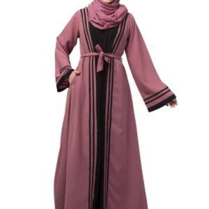 Dual Layer Abaya Dress With Attached Shrug And Striped Design - Made With Nida Matte Fabric