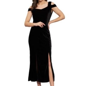 Bodycon Party Dress for Women with Double Slit Cut | Shiny Velvet Fabric Cold Shoulder Stylish Outfit(Black)