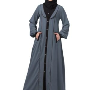 Front Open Abaya With Beautiful Piping Work And Front Pockets- Made with Nida Matte Fabric for Women and Girls(Grey Black)