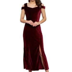 Bodycon Party Dress for Women with Double Slit Cut | Shiny Velvet Fabric Cold Shoulder Stylish Outfit( Maroon)