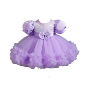 Net Embroidery Work Ruffle Patterned Flared Short Sleeve Girl Frock( Purple)