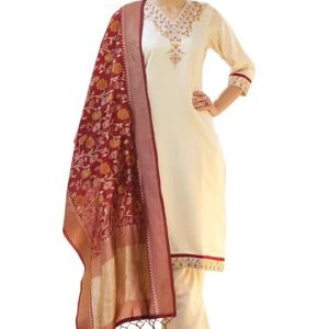 Women's Silk Blend Embroidered Kurta with Pant & Banarasi Silk Dupatta Set