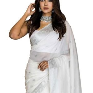 Women's Black Banarasi Kanchipuram Art Silk Saree for Women – Traditional Wedding & Party Saree with Blouse Piece – Ethnic Indian Silk Saree for Bridal, Festive & Gifting ( White)