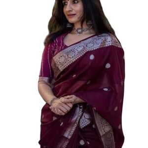 Women's Black Banarasi Kanchipuram Art Silk Saree for Women – Traditional Wedding & Party Saree with Blouse Piece – Ethnic Indian Silk Saree for Bridal, Festive & Gifting ( Wine)