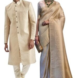 Traditional Indian Wedding Attire Set, Cream Brocade Sherwani (M) and Silk Saree Without Blouse, Ethnic Formal Wear