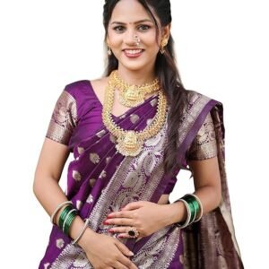 Women's Maroon Banarasi Kanchipuram Art Silk Saree for Women – Traditional Wedding & Party Saree with Blouse Piece – Ethnic Indian Silk Saree for Bridal, Festive (Purple)