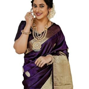 Women's Maroon Banarasi Kanchipuram Art Silk Saree for Women – Traditional Wedding & Party Saree with Blouse Piece – Ethnic Indian Silk Saree for Bridal, Festive (Dark Purple)