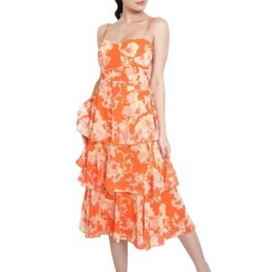 Women’s Layered Below Knee Length Dress (Orange)