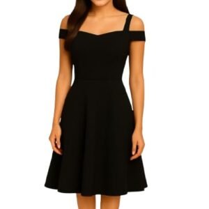 Women's Polyester Solid Midi/Calf Length Dress | Evening Party Dress for Women & Girls Black