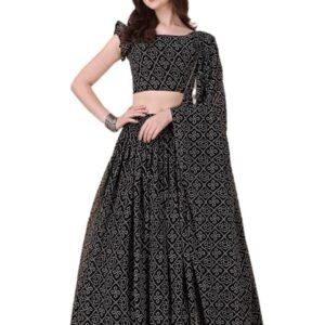 Women's Georgette Lehenga - Bandhani Work, Semi Stitched Lehenga - Black - Ideal For Weddings Family Functions (Black)