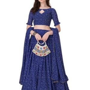 Women's Georgette Lehenga - Bandhani Work, Semi Stitched Lehenga - Black - Ideal For Weddings Family Functions (Blue)