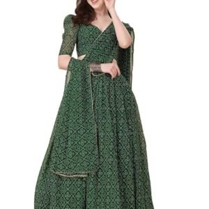Women's Georgette Lehenga - Bandhani Work, Semi Stitched Lehenga - Black - Ideal For Weddings Family Functions (Green)