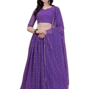 Women's Georgette Lehenga - Bandhani Work, Semi Stitched Lehenga - Black - Ideal For Weddings Family Functions (Purple)