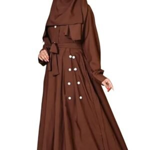 Women's Elegant Abaya Set with Button Details, Full Length Islamic Dress, Long Sleeve Maxi Dress with Niqab, Traditional Muslim Prayer Wear(Brown)