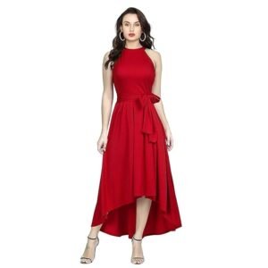 Women's Western High-Low Knee-Length One-Piece Dress – Elegant Sleeveless Fit & Flare Solid Color Party Dress