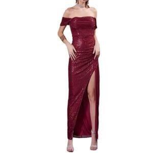 Sexy Sequin Off-Shoulder High Slit Backless Prom Gown Cocktail Party Dress for Women Claret