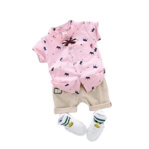 Kid Boy's Hosiery Cotton Blend Printed Cord Set with Mandarin Collar Short Sleeve Shirt and Side Pocket Elastic Waistband Closure Short Pant with Tie