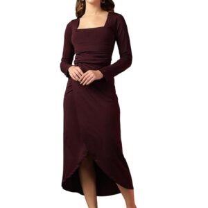 Women's Bodycon Midi Dress | Square Neck Wrap Style | Stretchable | Full Sleeve Fitted Dress for Party, Evening, Casual Outings & Date Night